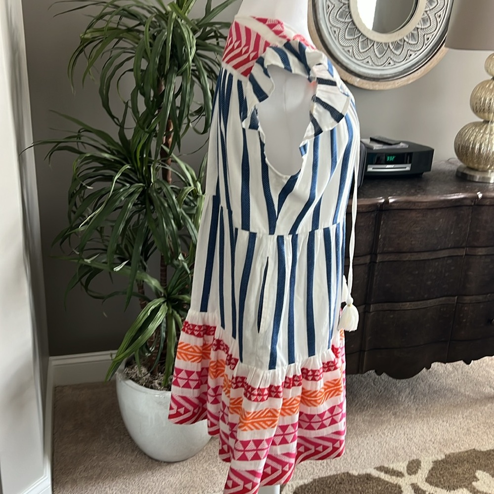 THML Striped Blue and White Dress with Pink and Orange Accents - Picture 6 of 8